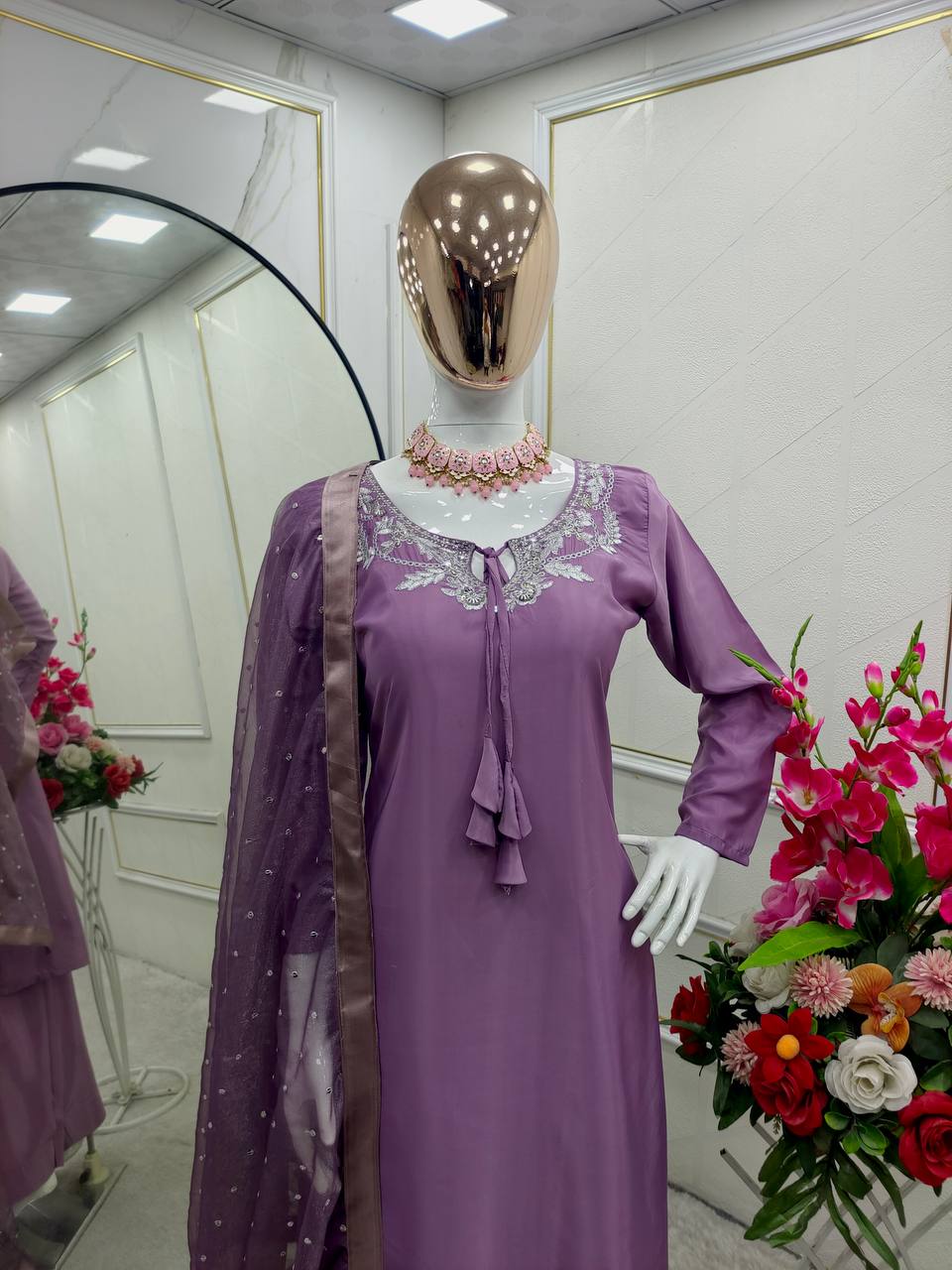 Casual Wear Light Purple Color Pure Natural Crepe With Heavy Embroidery Sequence Work Salwar Suit