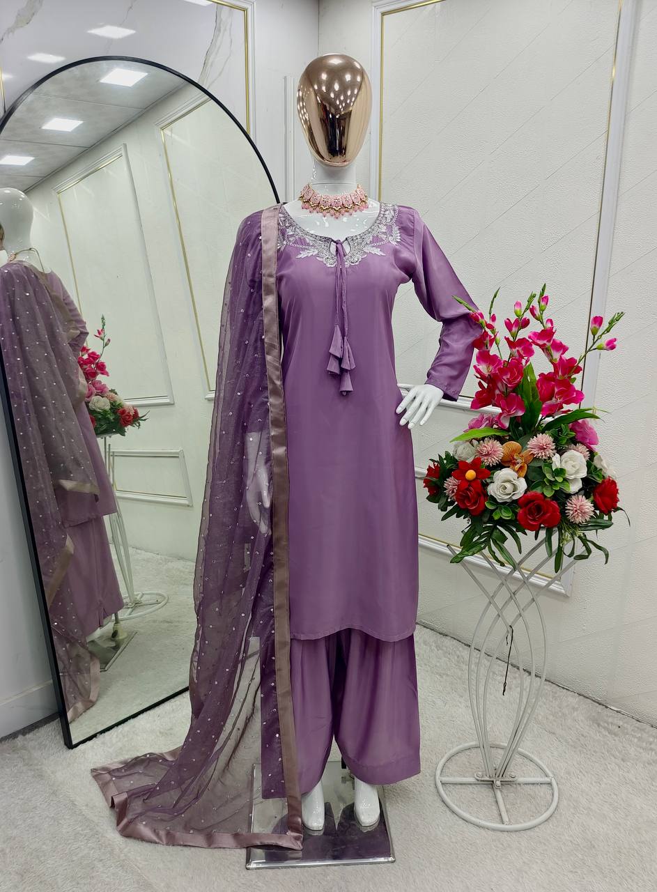 Casual Wear Light Purple Color Pure Natural Crepe With Heavy Embroidery Sequence Work Salwar Suit