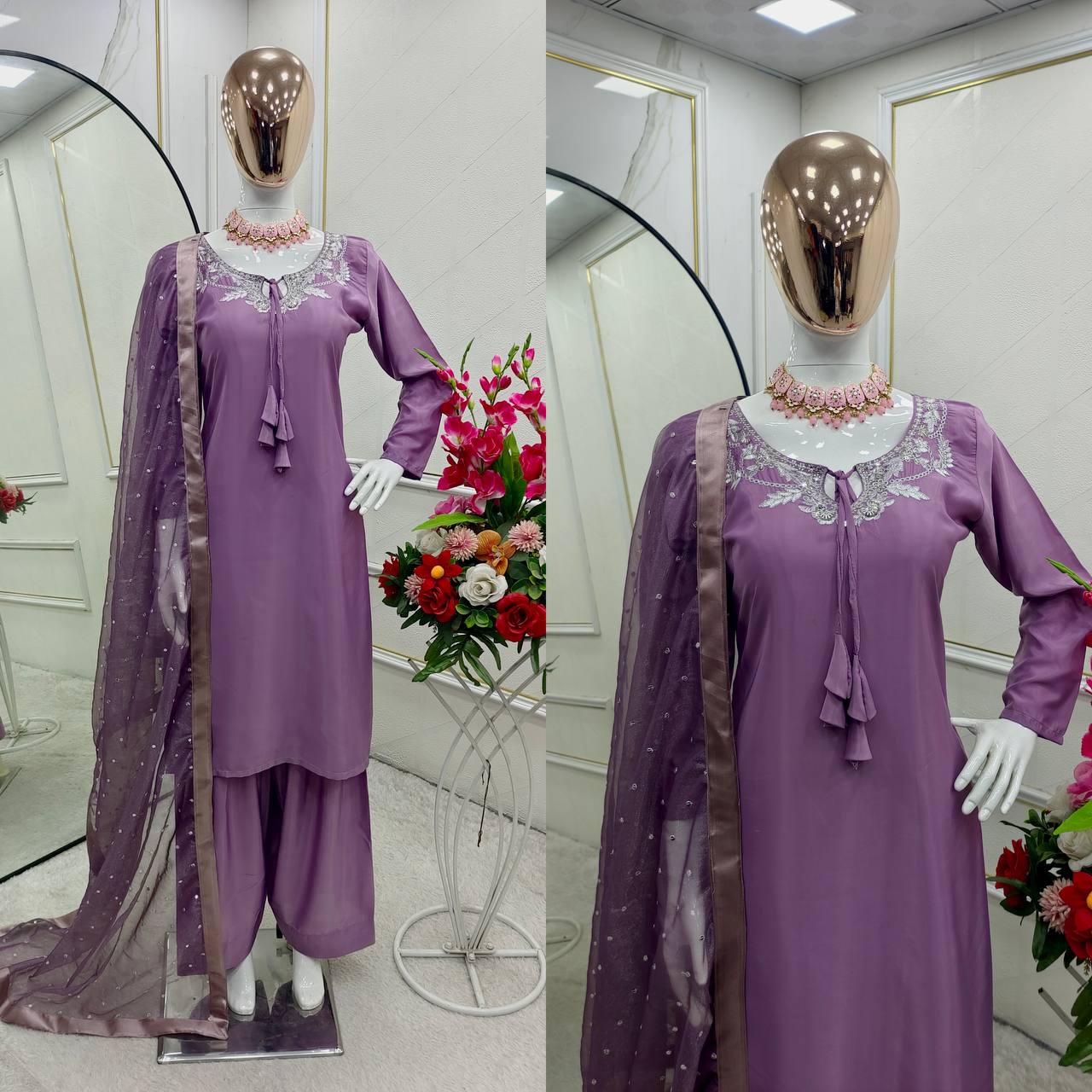 Casual Wear Light Purple Color Pure Natural Crepe With Heavy Embroidery Sequence Work Salwar Suit