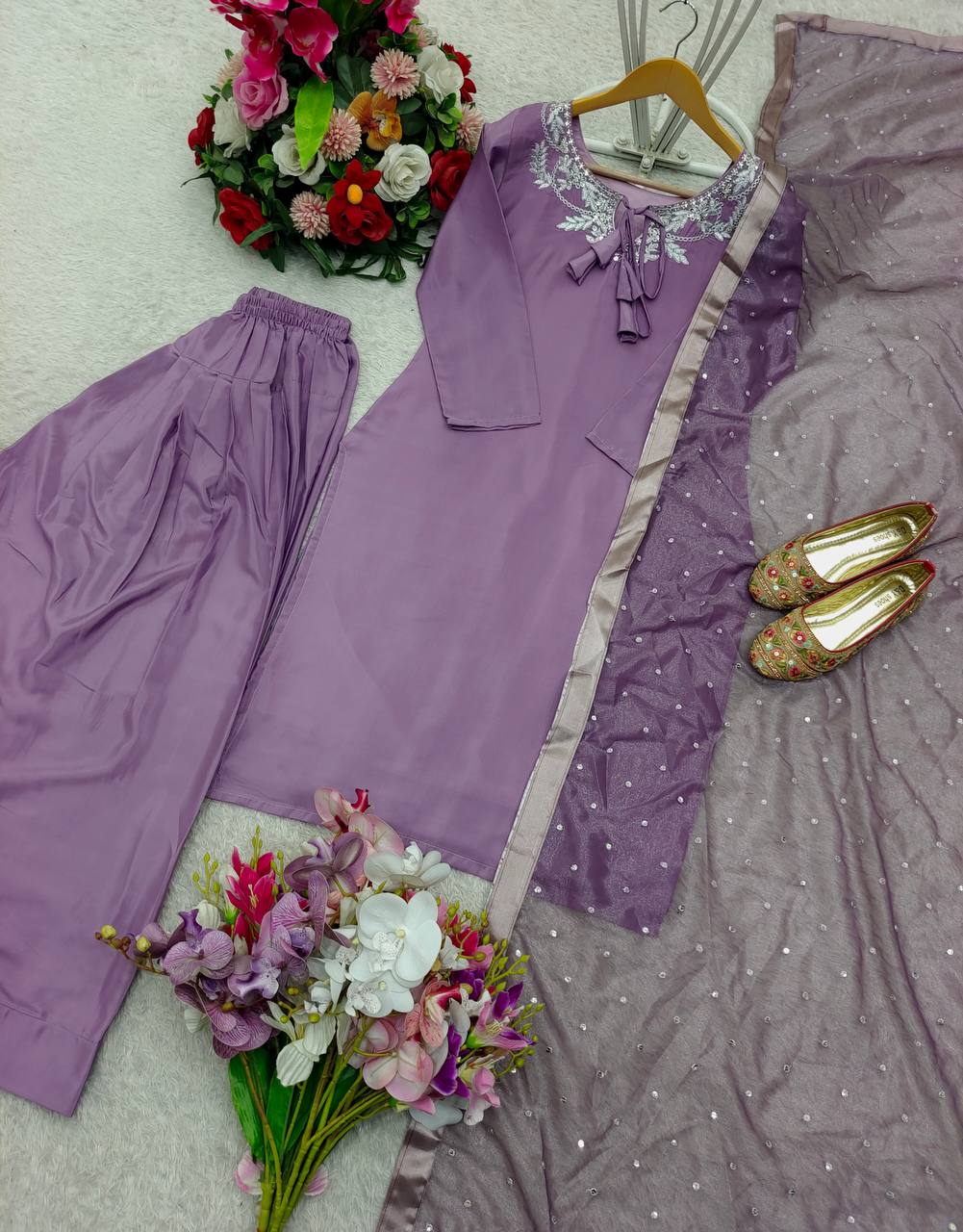 Casual Wear Light Purple Color Pure Natural Crepe With Heavy Embroidery Sequence Work Salwar Suit