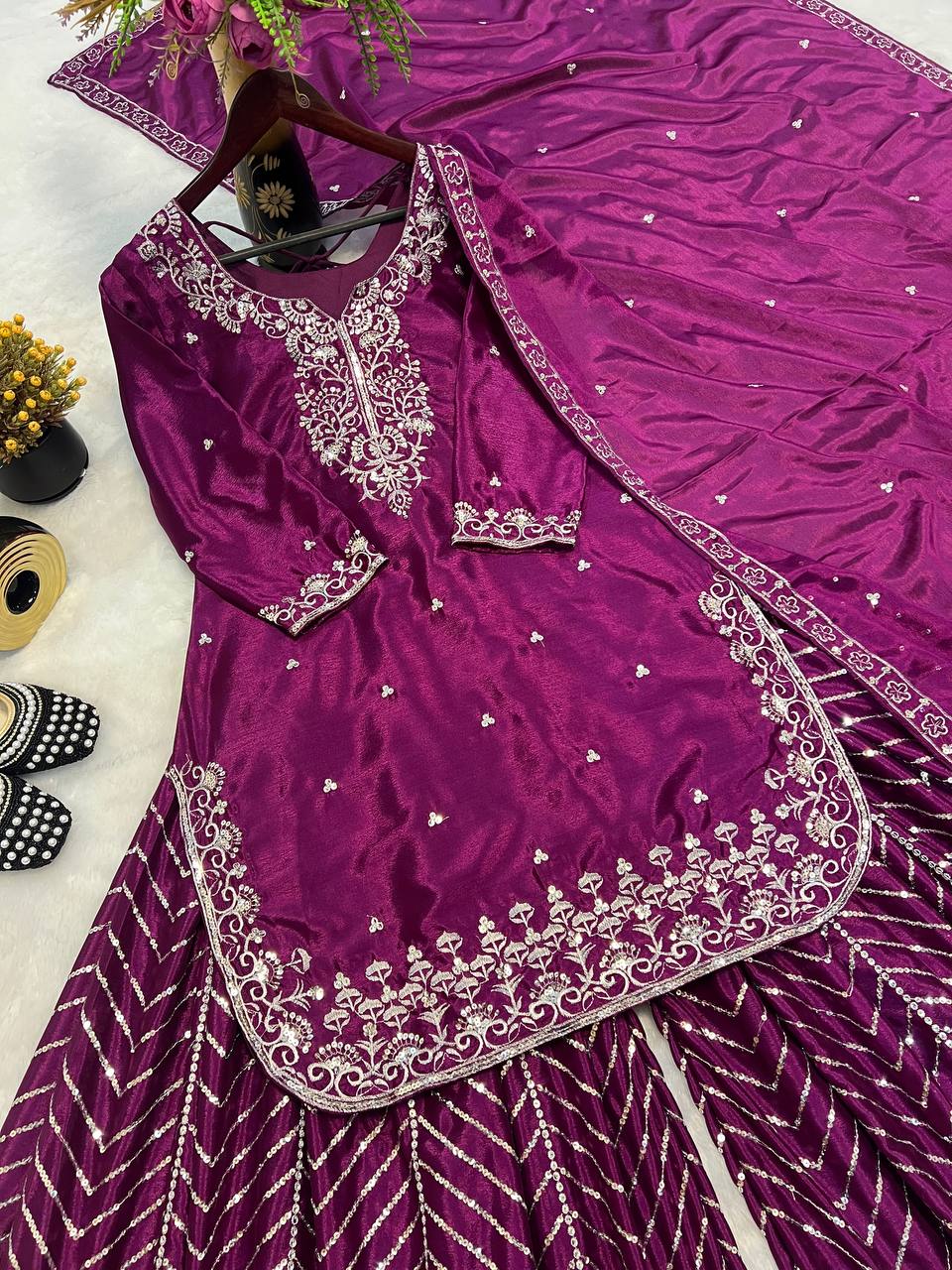 Party Wear Wine Color Pure Heavy Chinon Silk With Heavy Embroidery Work Palazzo Suit