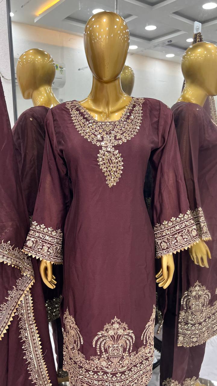Wedding Wear Coffee Color Heavy Chinon Silk With Heavy Embroidery Sequence Work Salwar Suit