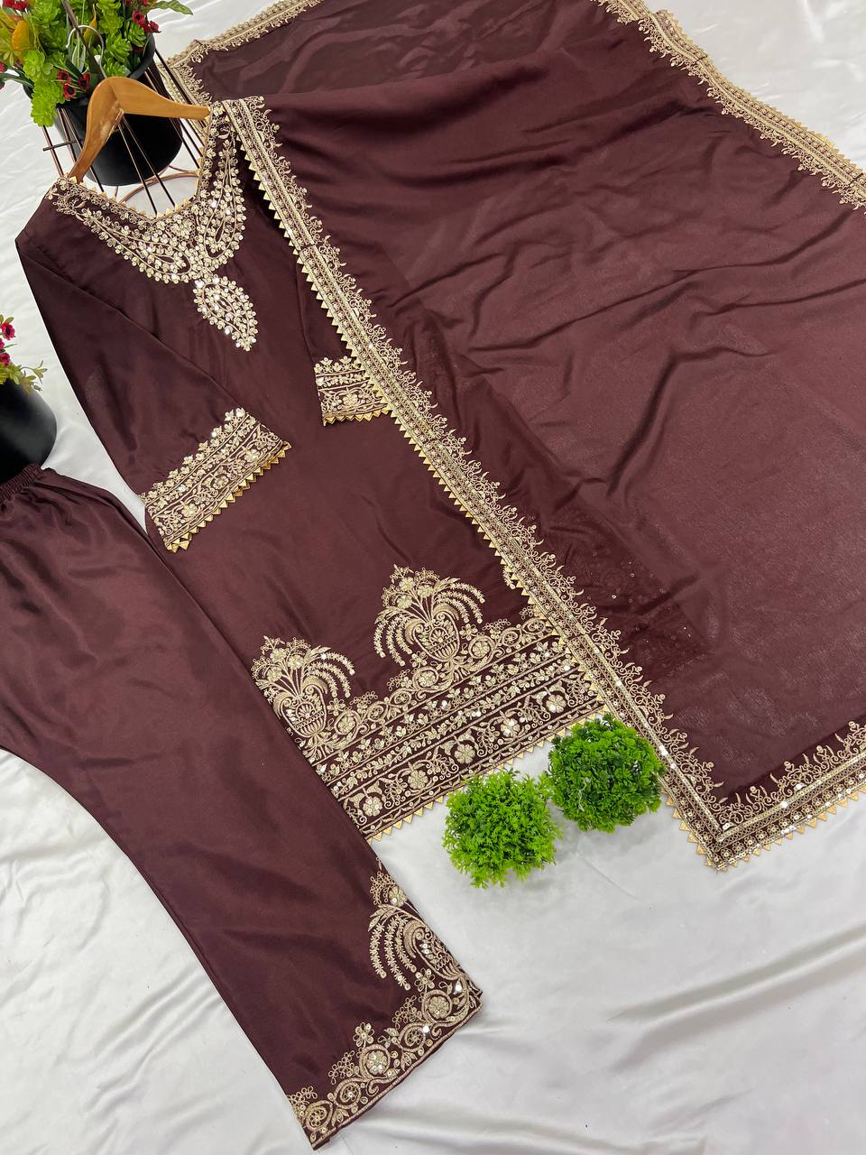 Wedding Wear Coffee Color Heavy Chinon Silk With Heavy Embroidery Sequence Work Salwar Suit