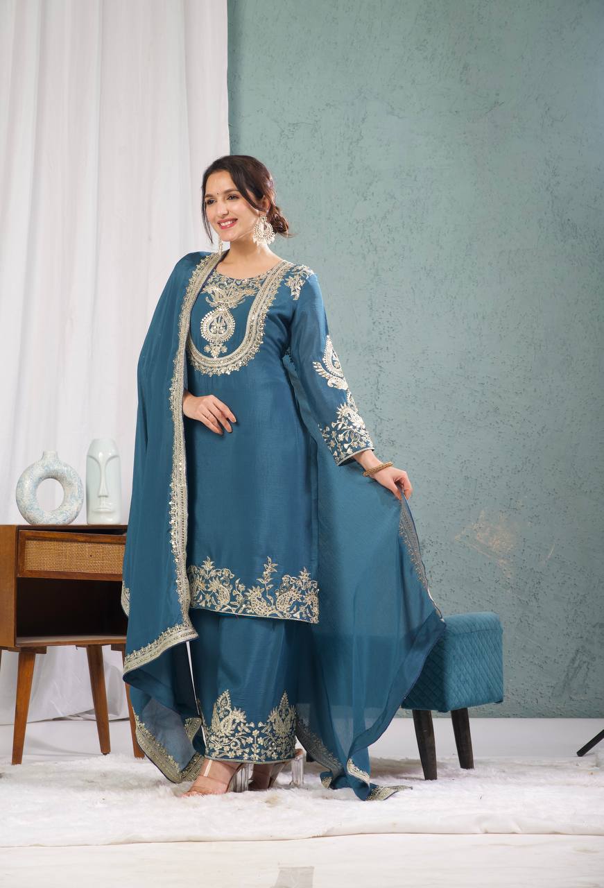 Outstanding Teal Blue Color Pure Heavy Chinon Silk With Heavy Embroidery Coding Sequence Work Salwar Suit
