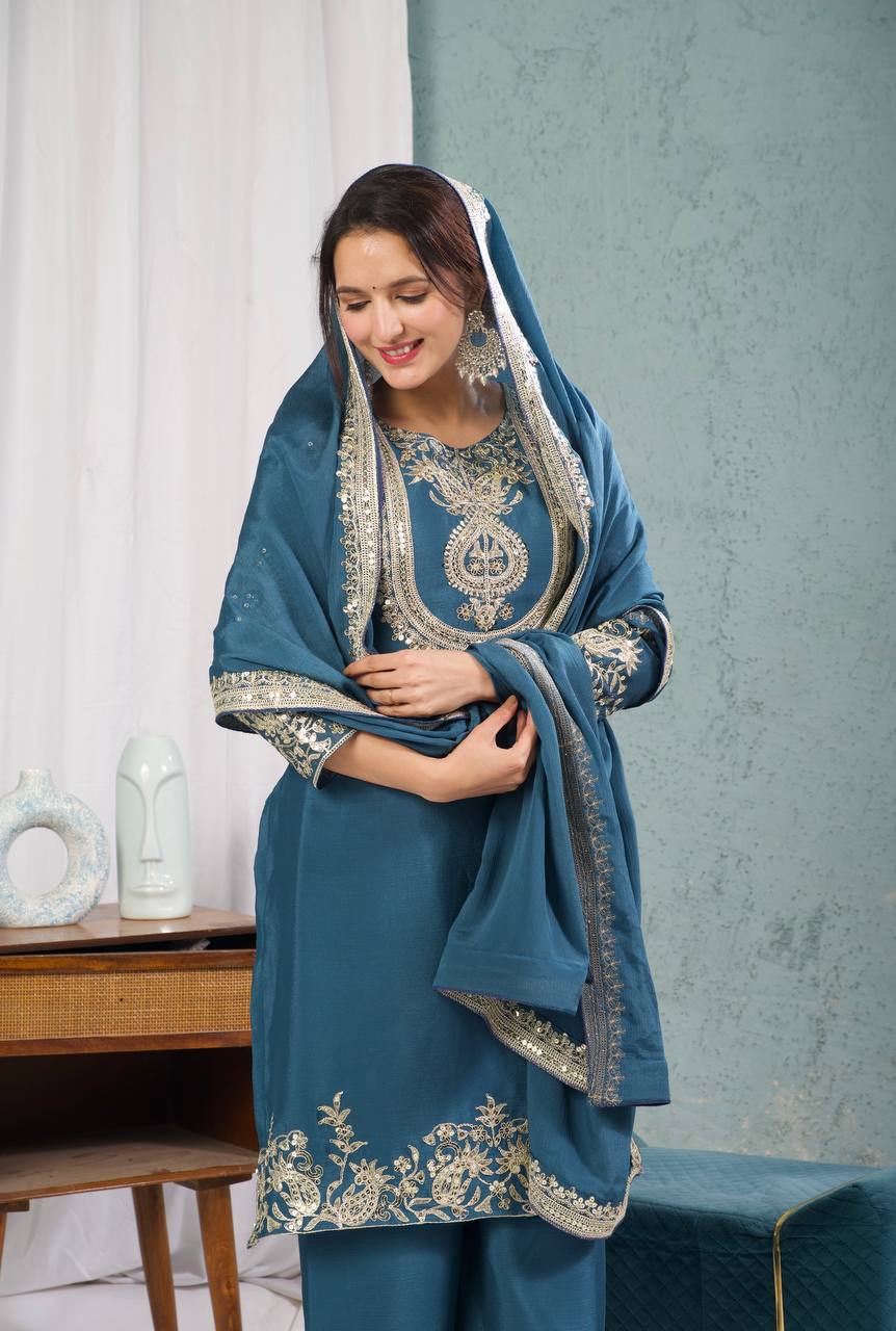 Outstanding Teal Blue Color Pure Heavy Chinon Silk With Heavy Embroidery Coding Sequence Work Salwar Suit
