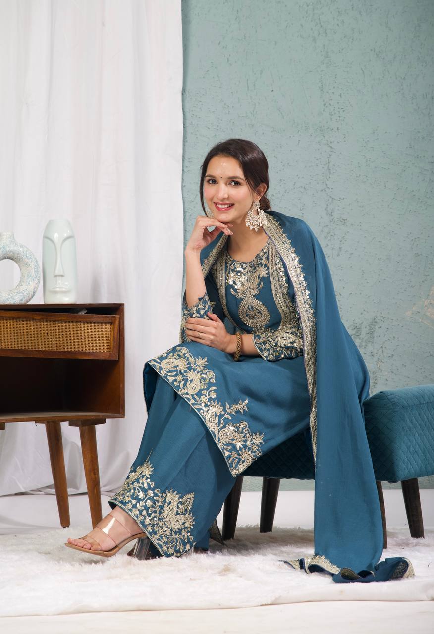 Outstanding Teal Blue Color Pure Heavy Chinon Silk With Heavy Embroidery Coding Sequence Work Salwar Suit