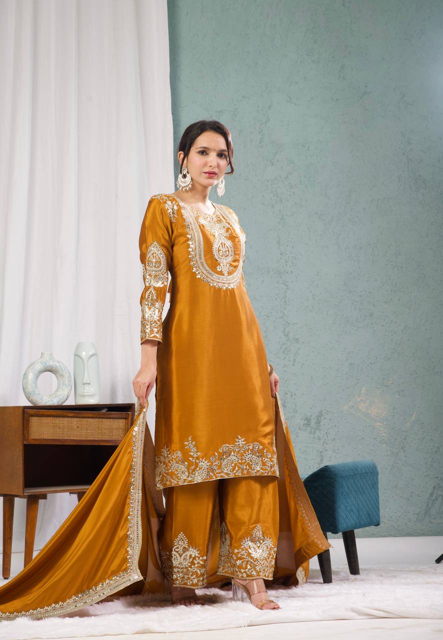 Outstanding Yellow Color Pure Heavy Chinon Silk With Heavy Embroidery Coding Sequence Work Salwar Suit