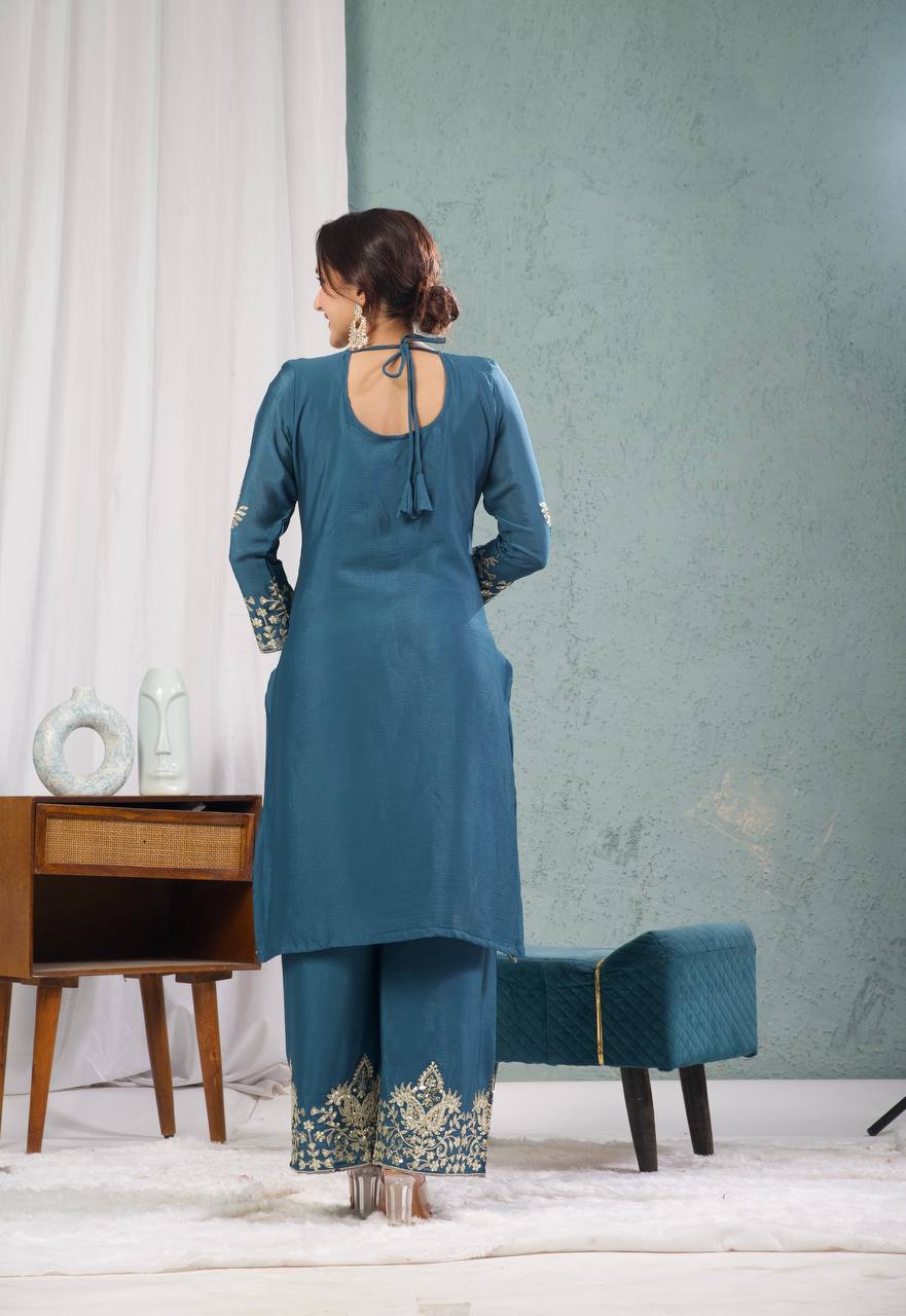 Outstanding Teal Blue Color Pure Heavy Chinon Silk With Heavy Embroidery Coding Sequence Work Salwar Suit
