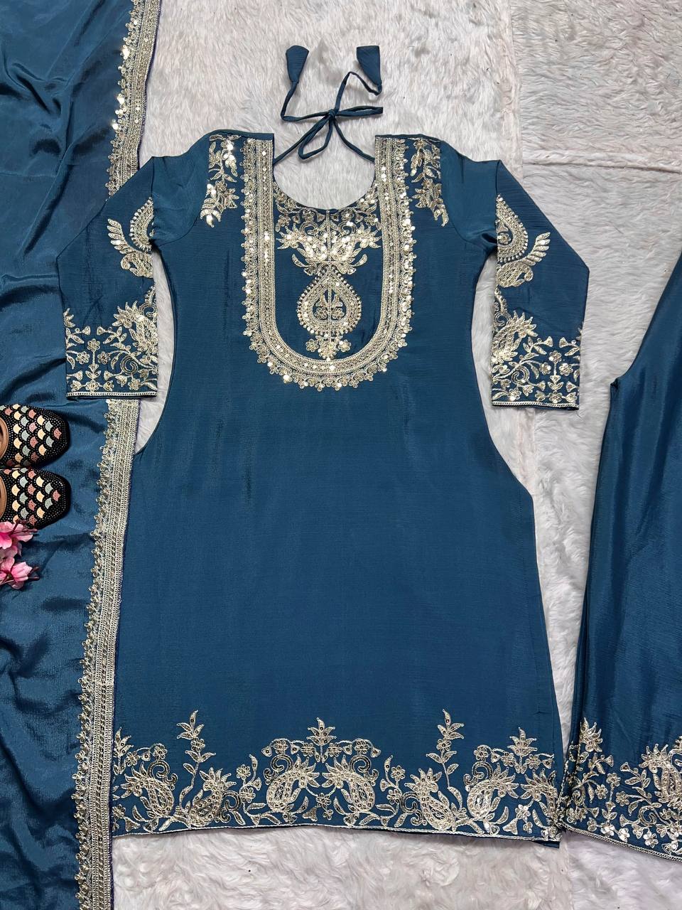 Outstanding Teal Blue Color Pure Heavy Chinon Silk With Heavy Embroidery Coding Sequence Work Salwar Suit