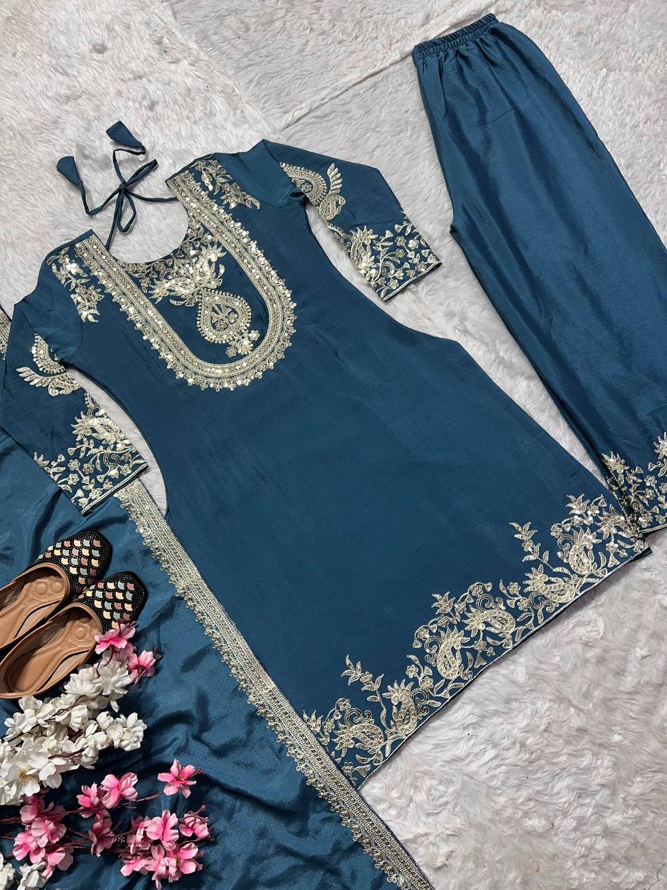 Outstanding Teal Blue Color Pure Heavy Chinon Silk With Heavy Embroidery Coding Sequence Work Salwar Suit