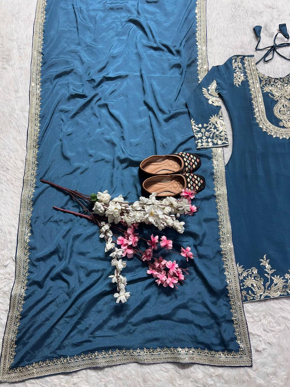 Outstanding Teal Blue Color Pure Heavy Chinon Silk With Heavy Embroidery Coding Sequence Work Salwar Suit