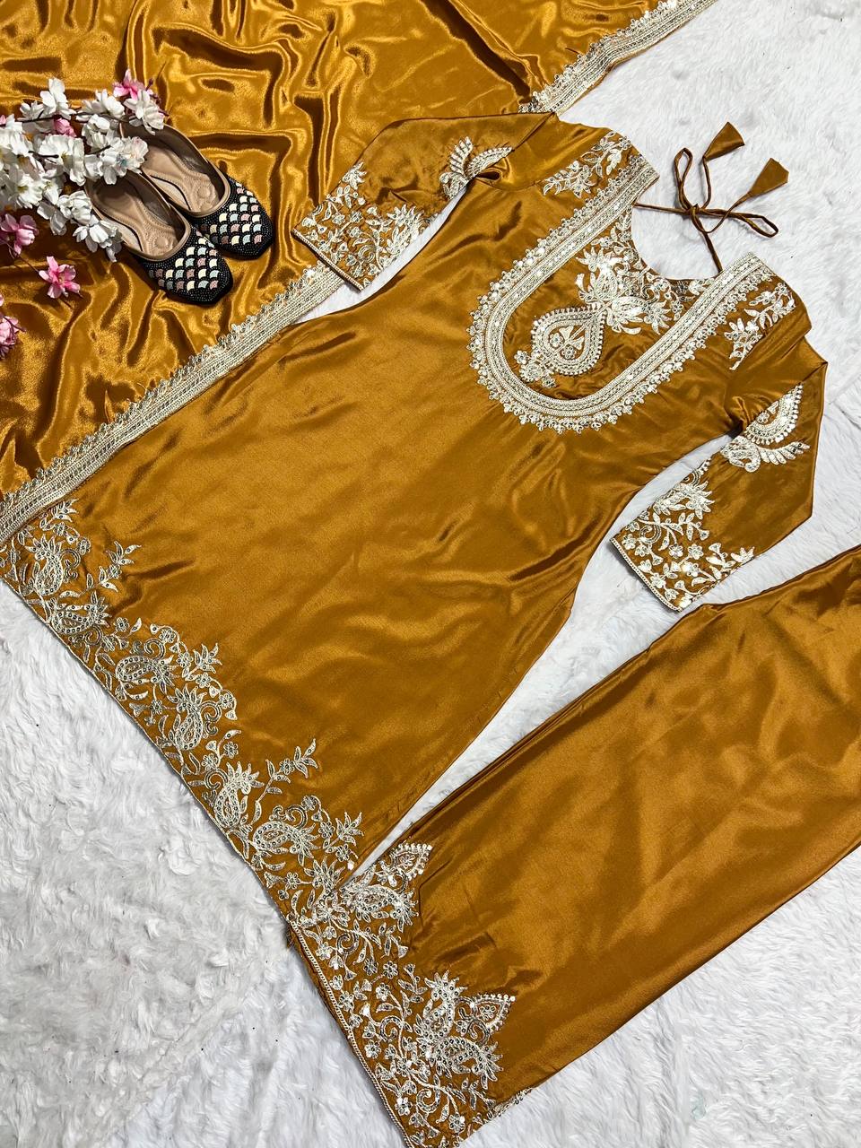 Outstanding Yellow Color Pure Heavy Chinon Silk With Heavy Embroidery Coding Sequence Work Salwar Suit