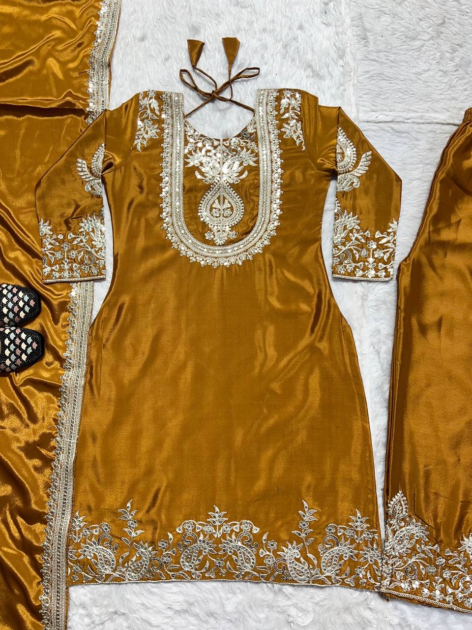 Outstanding Yellow Color Pure Heavy Chinon Silk With Heavy Embroidery Coding Sequence Work Salwar Suit