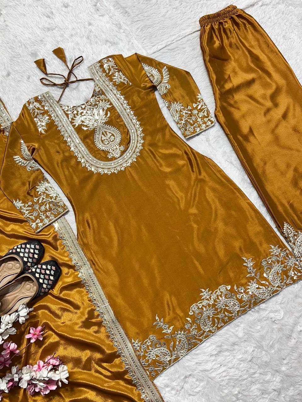 Outstanding Yellow Color Pure Heavy Chinon Silk With Heavy Embroidery Coding Sequence Work Salwar Suit