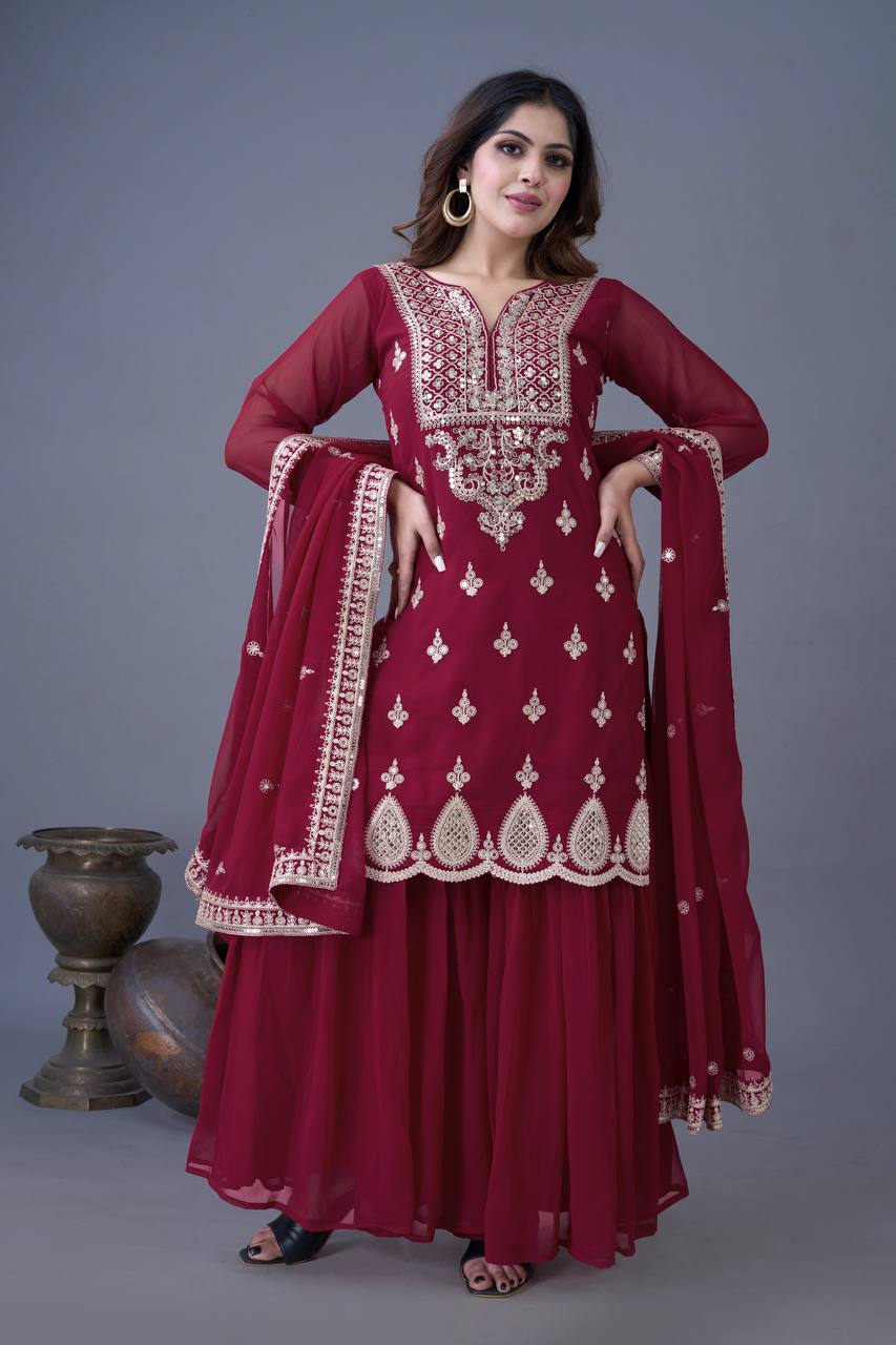 Trendy Maroon Color Heavy Georgette Embroidery Work Designer Sharara Suit