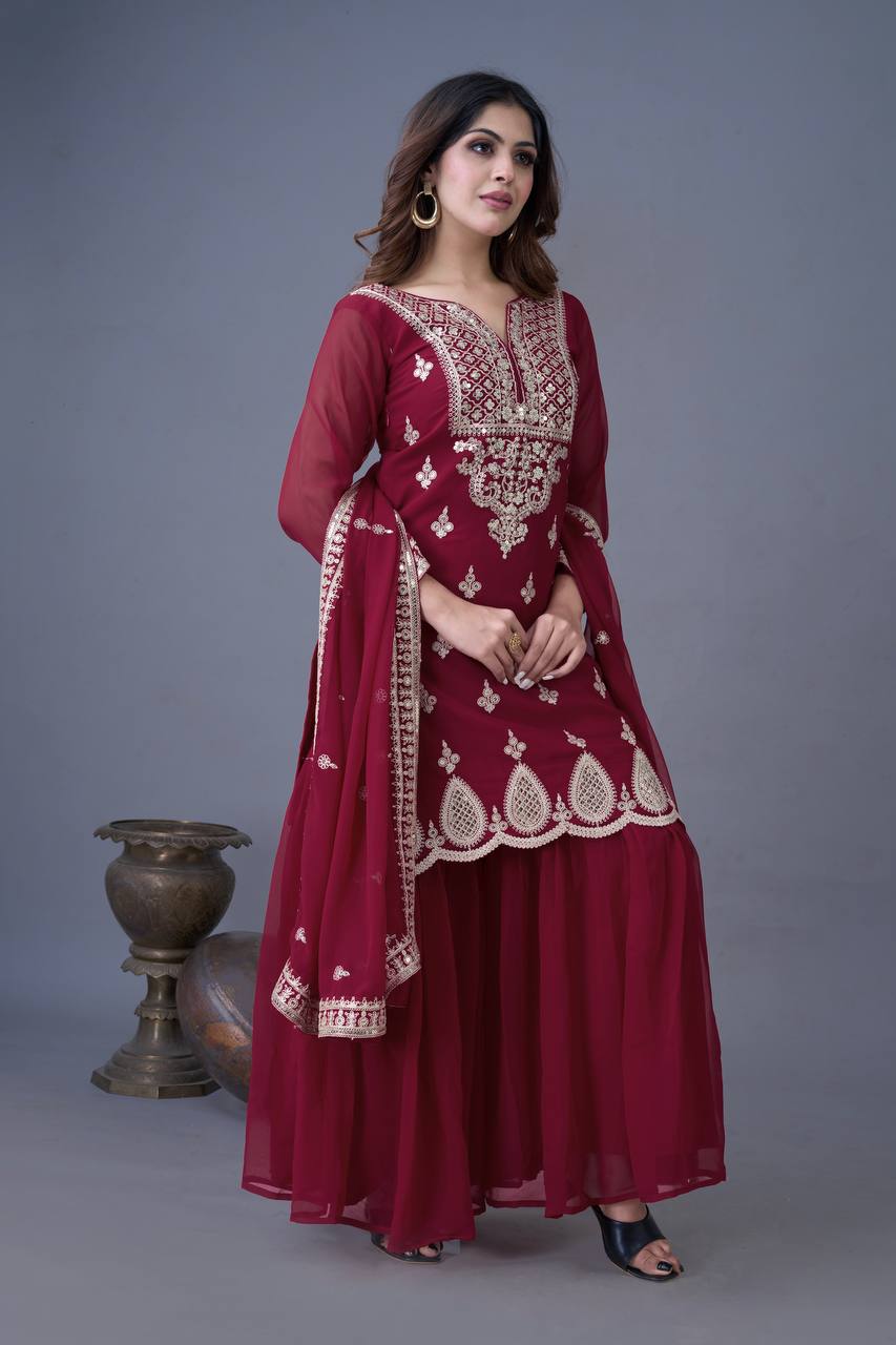 Trendy Maroon Color Heavy Georgette Embroidery Work Designer Sharara Suit