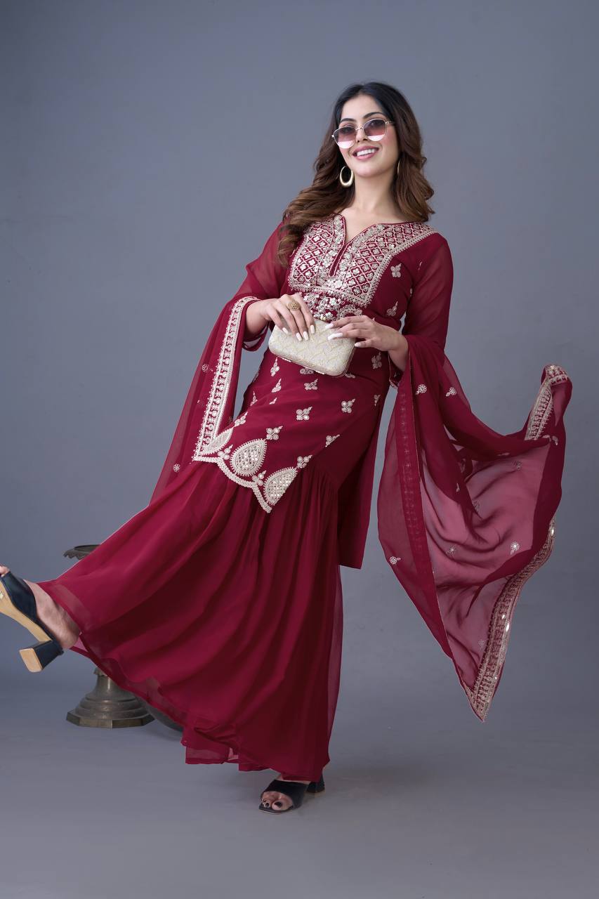 Trendy Maroon Color Heavy Georgette Embroidery Work Designer Sharara Suit