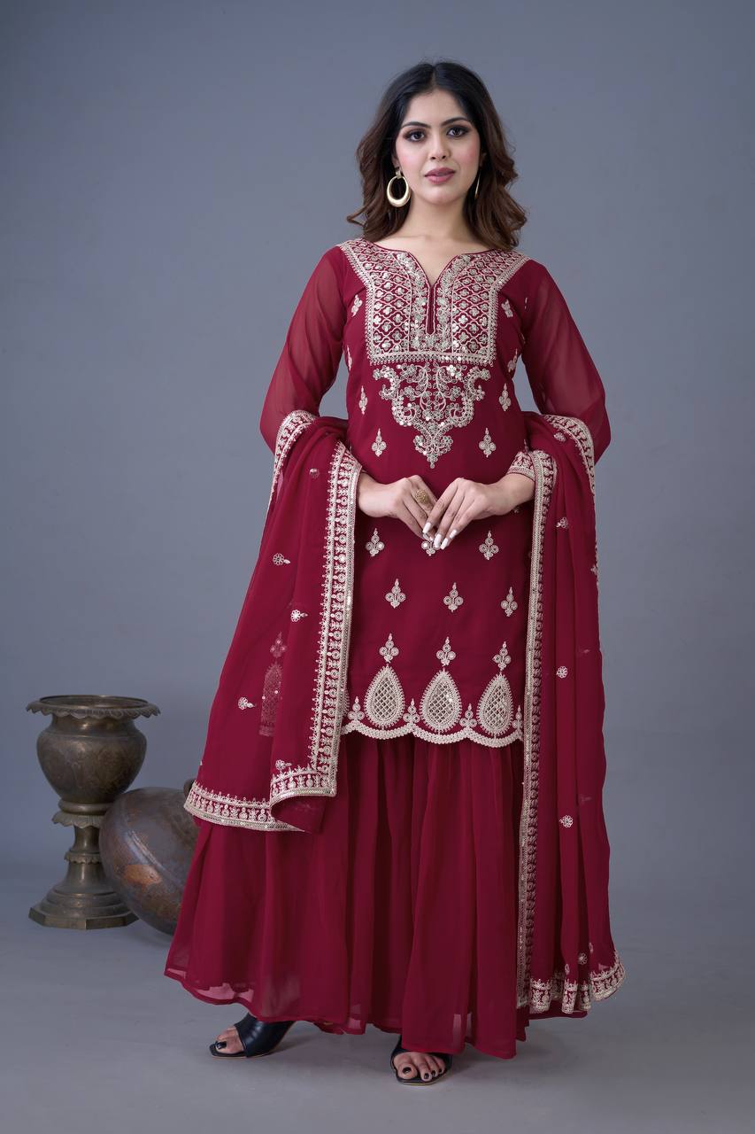 Trendy Maroon Color Heavy Georgette Embroidery Work Designer Sharara Suit