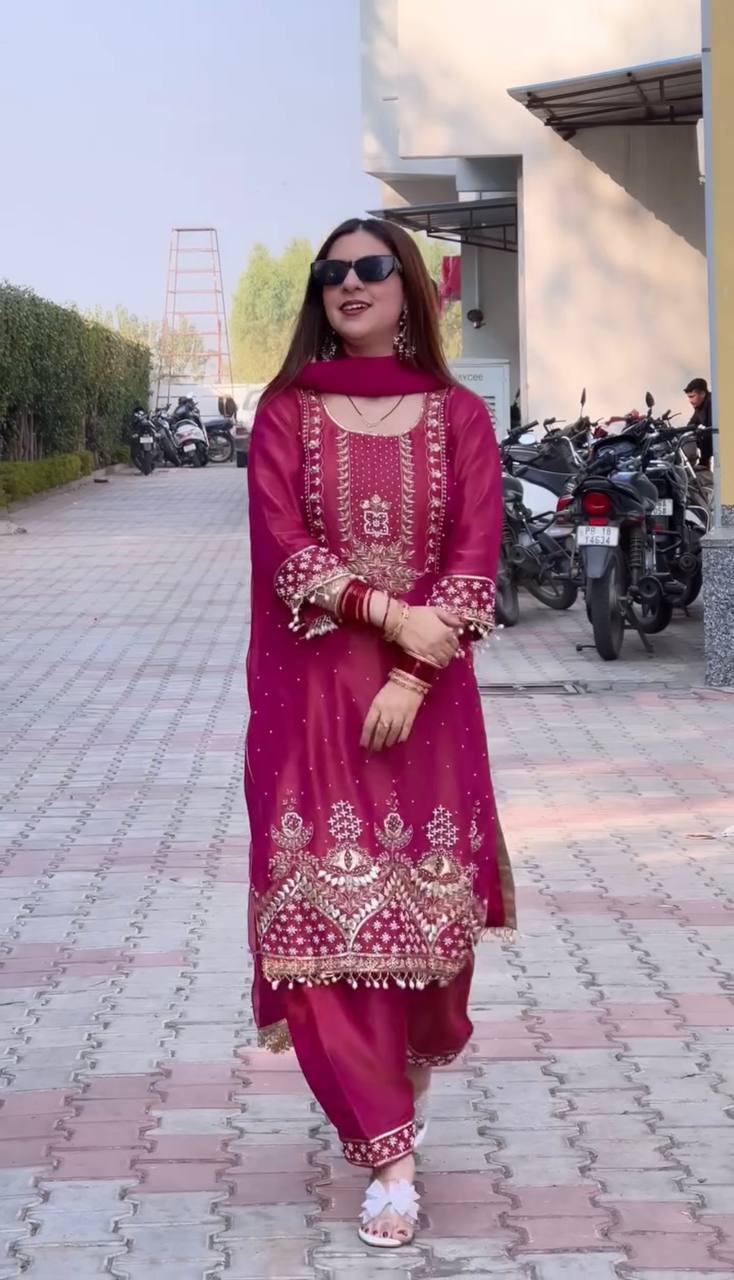 Party Wear Rose Pink Color Roman Shimmer Silk Embroidery Sequences Work Palazzo Suit