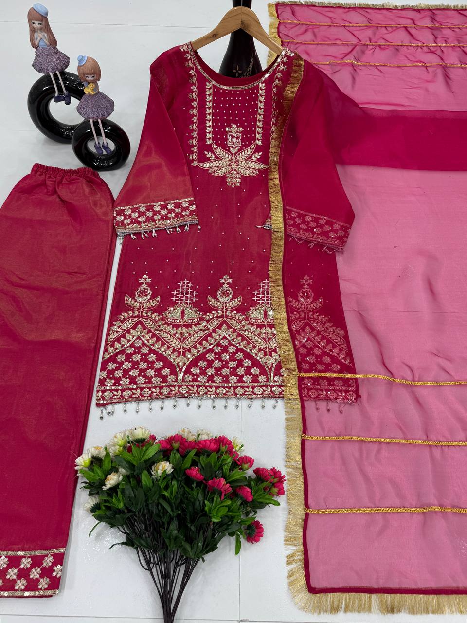 Party Wear Rose Pink Color Roman Shimmer Silk Embroidery Sequences Work Palazzo Suit
