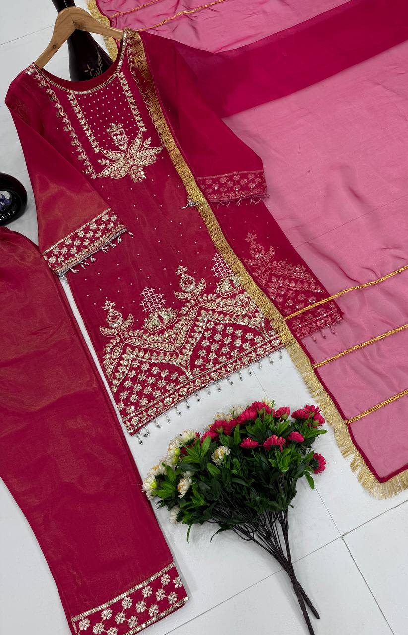 Party Wear Rose Pink Color Roman Shimmer Silk Embroidery Sequences Work Palazzo Suit