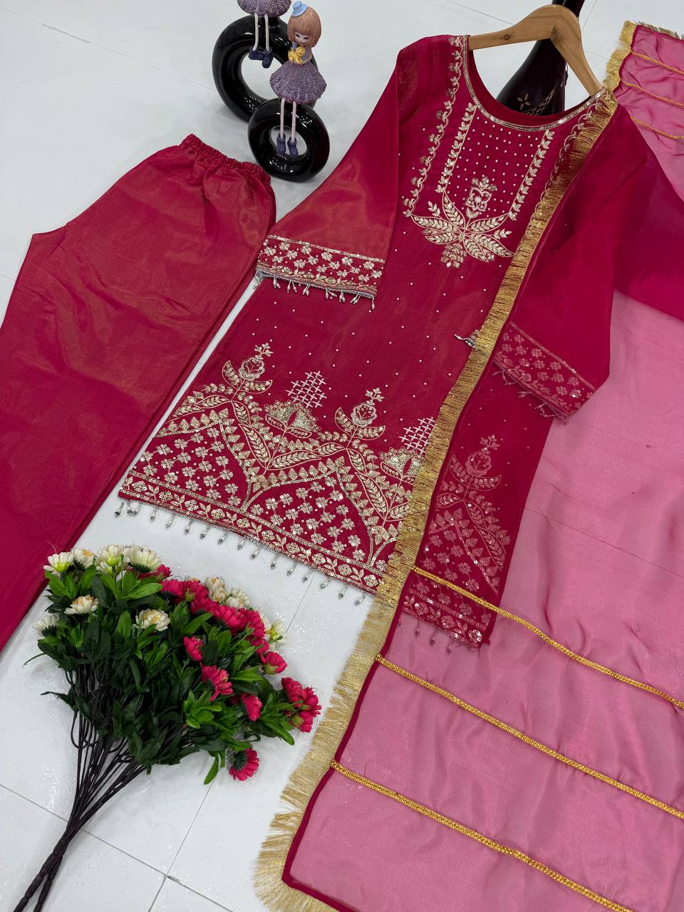 Party Wear Rose Pink Color Roman Shimmer Silk Embroidery Sequences Work Palazzo Suit