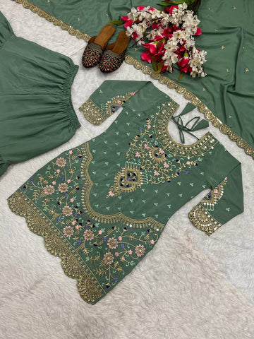 Stunning Green color Natural Crep Material With Sequence Embroidery Work Sharara Suit