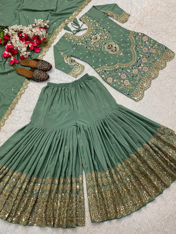 Stunning Green color Natural Crep Material With Sequence Embroidery Work Sharara Suit