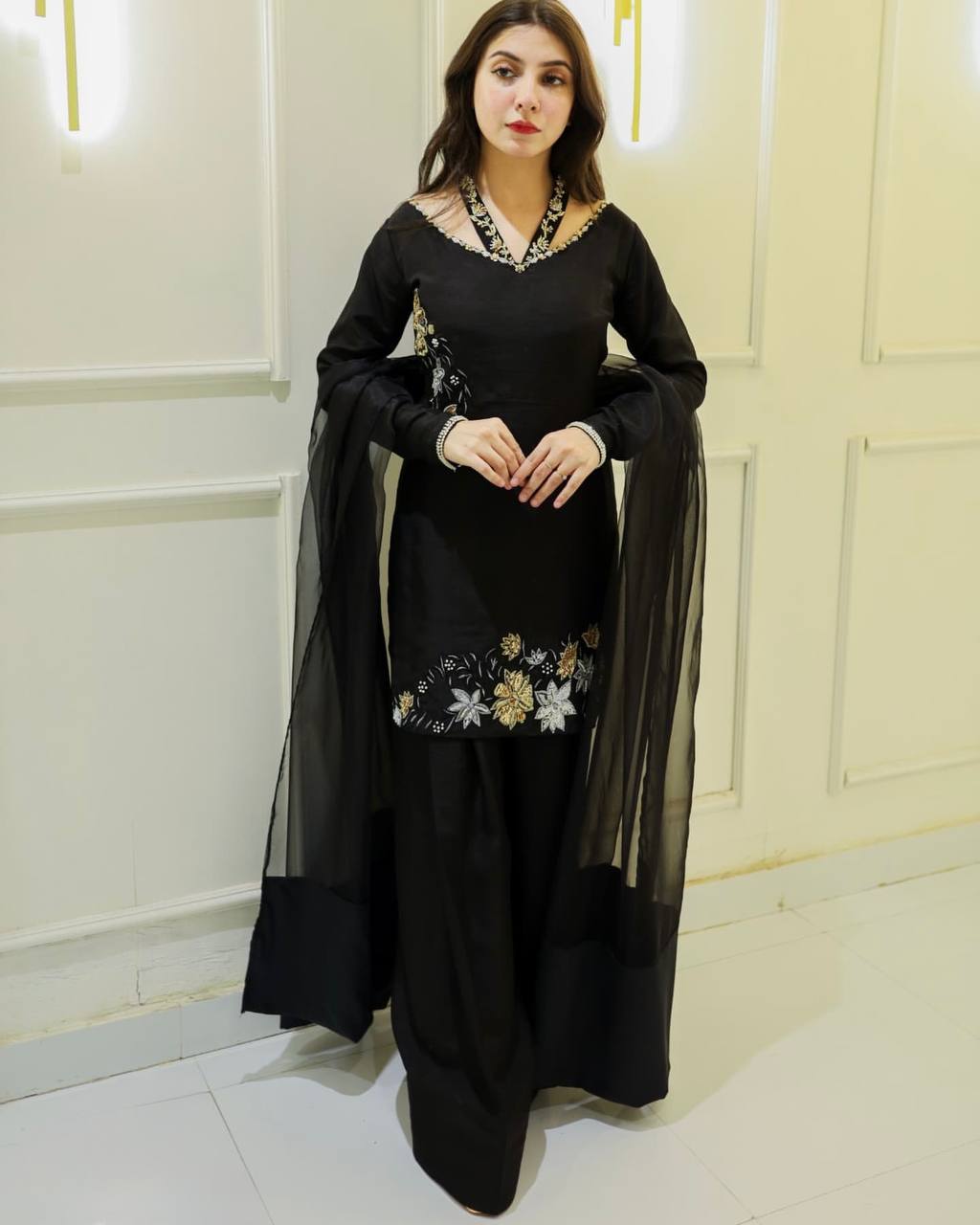 Bollywood Style Black Color Natural Crep Silk With Embrodary Siquance Work Palazzo Suit