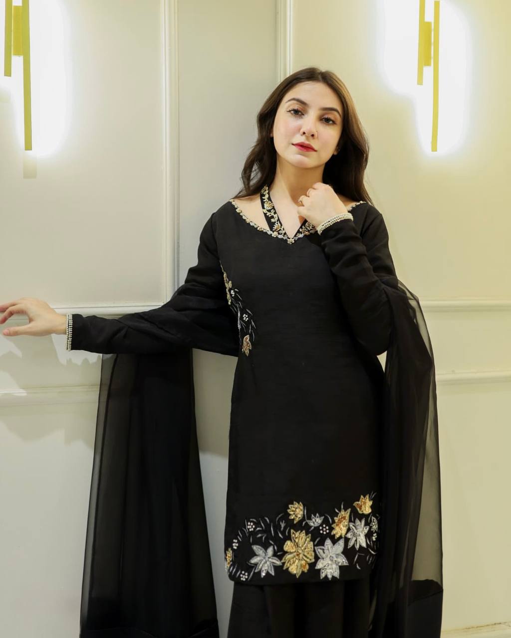 Bollywood Style Black Color Natural Crep Silk With Embrodary Siquance Work Palazzo Suit