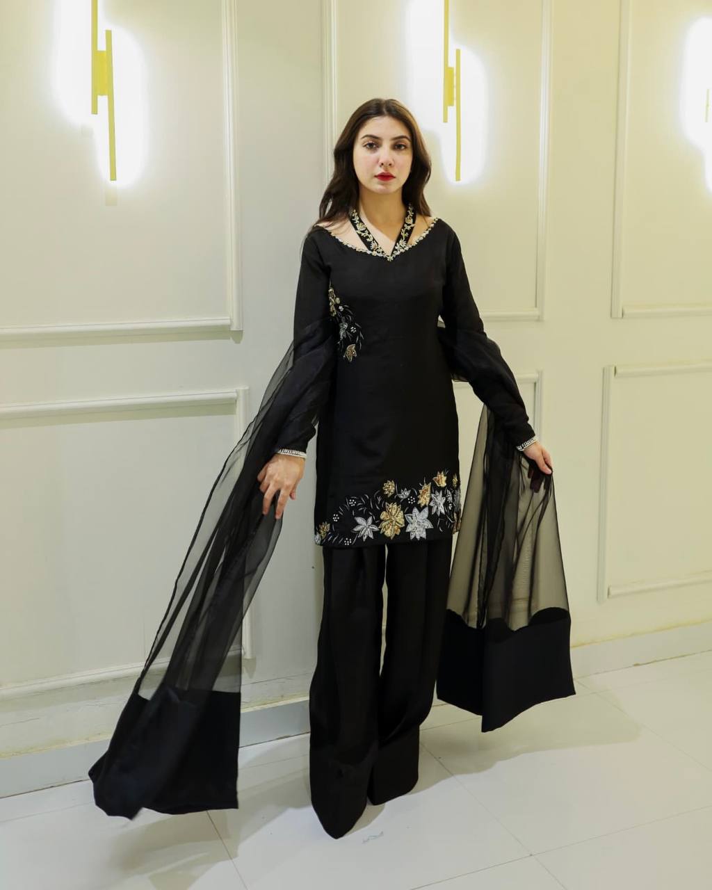 Bollywood Style Black Color Natural Crep Silk With Embrodary Siquance Work Palazzo Suit