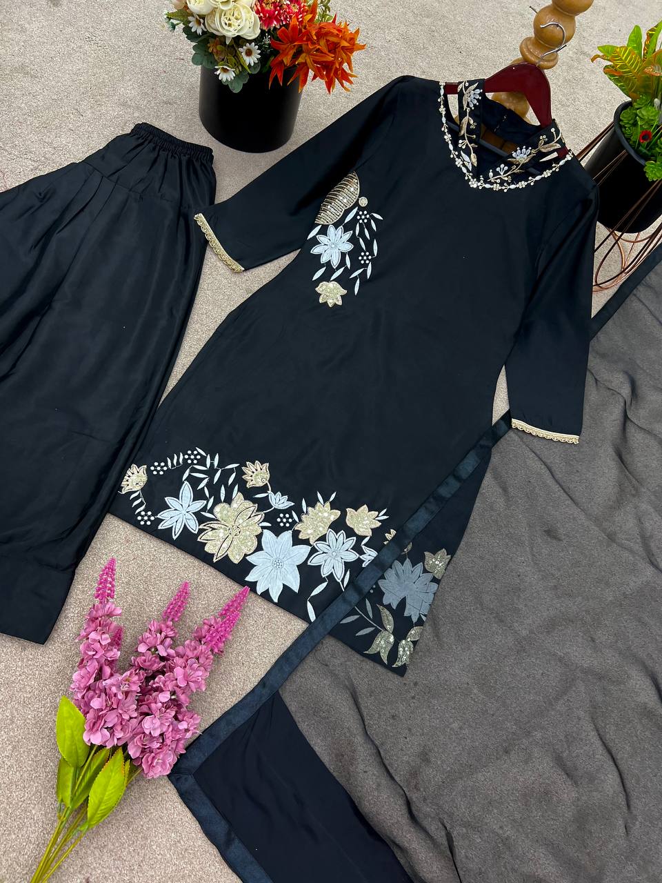 Bollywood Style Black Color Natural Crep Silk With Embrodary Siquance Work Palazzo Suit