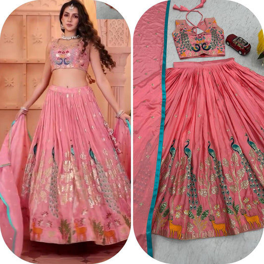 Garba Special Wear Peach Color Pure Chinon With Heavy Thread And Sequence Work Lehenga Choli