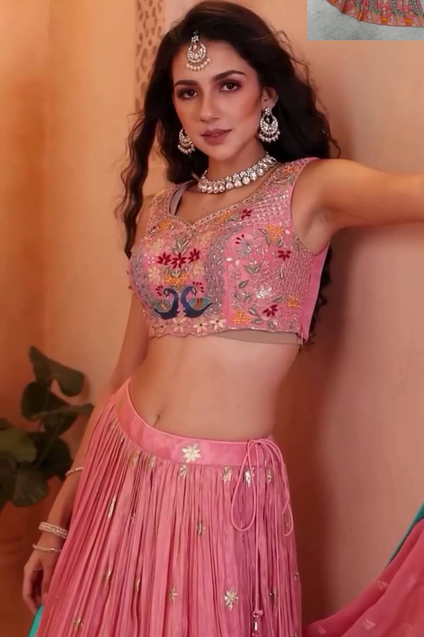 Garba Special Wear Peach Color Pure Chinon With Heavy Thread And Sequence Work Lehenga Choli