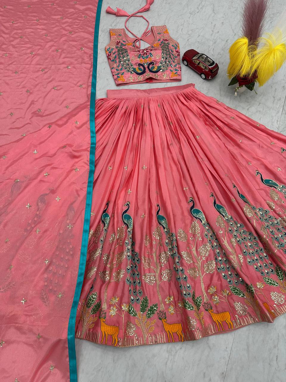 Garba Special Wear Peach Color Pure Chinon With Heavy Thread And Sequence Work Lehenga Choli