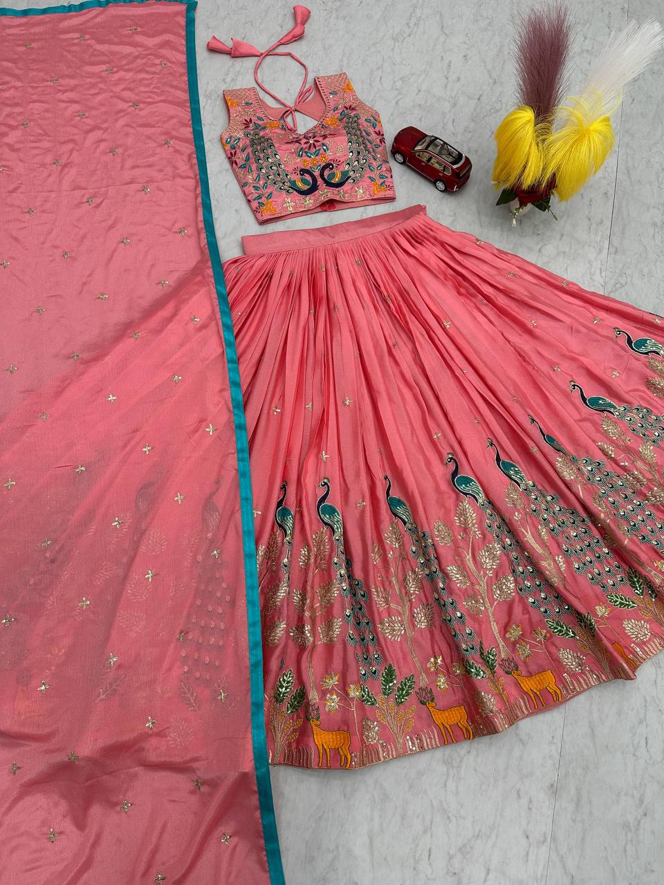 Garba Special Wear Peach Color Pure Chinon With Heavy Thread And Sequence Work Lehenga Choli
