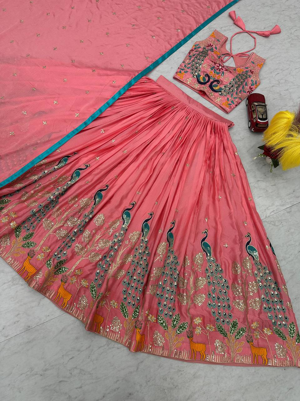 Garba Special Wear Peach Color Pure Chinon With Heavy Thread And Sequence Work Lehenga Choli