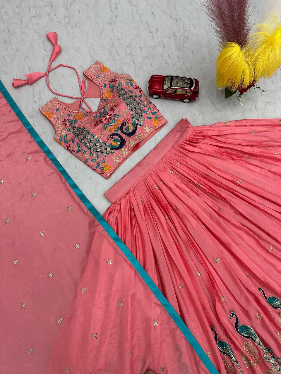 Garba Special Wear Peach Color Pure Chinon With Heavy Thread And Sequence Work Lehenga Choli