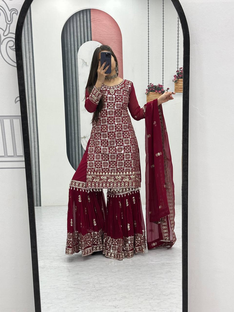 Mesmerizing Maroon Color Faux Georgette Heavy Embroidery Thread Work Sharara Suit