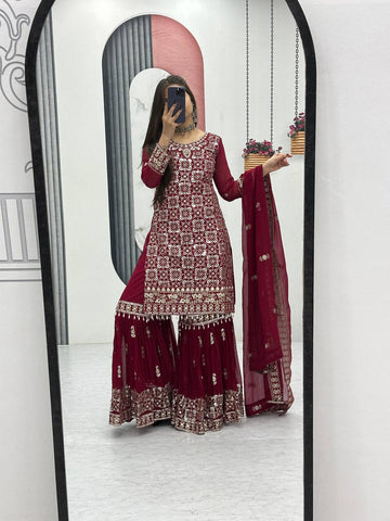 Mesmerizing Maroon Color Faux Georgette Heavy Embroidery Thread Work Sharara Suit