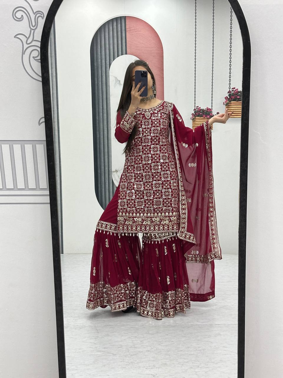 Mesmerizing Maroon Color Faux Georgette Heavy Embroidery Thread Work Sharara Suit