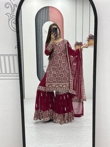 Mesmerizing Maroon Color Faux Georgette Heavy Embroidery Thread Work Sharara Suit