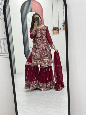 Mesmerizing Maroon Color Faux Georgette Heavy Embroidery Thread Work Sharara Suit