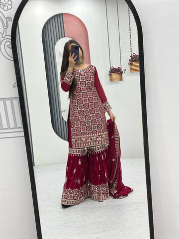 Mesmerizing Maroon Color Faux Georgette Heavy Embroidery Thread Work Sharara Suit