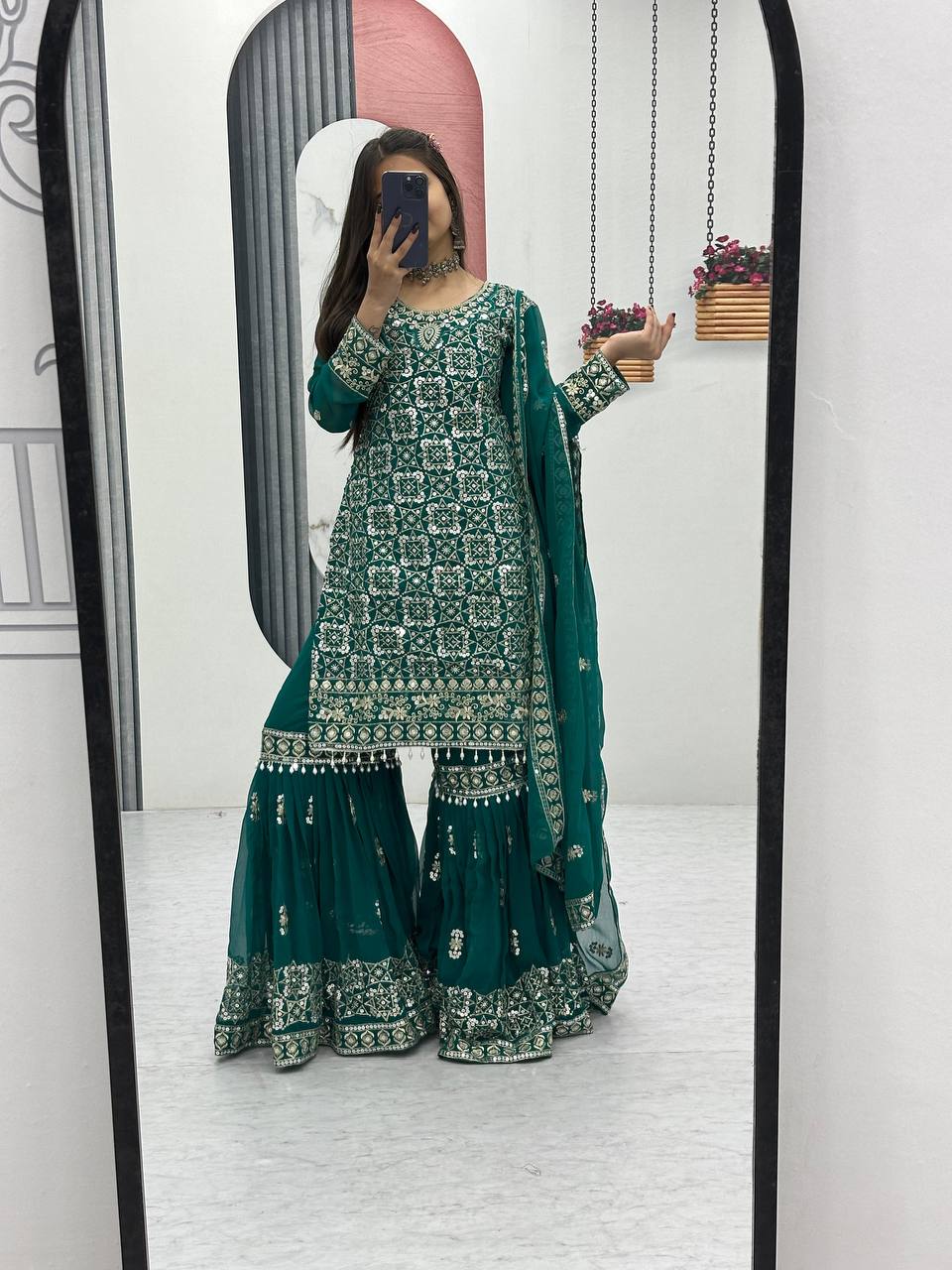 Mesmerizing Green Color Faux Georgette Heavy Embroidery Thread Work Sharara Suit