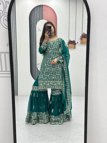 Mesmerizing Green Color Faux Georgette Heavy Embroidery Thread Work Sharara Suit