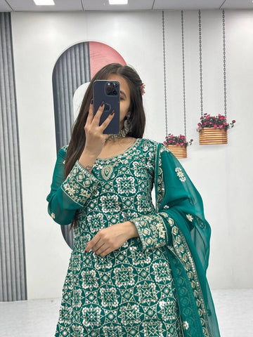 Mesmerizing Green Color Faux Georgette Heavy Embroidery Thread Work Sharara Suit