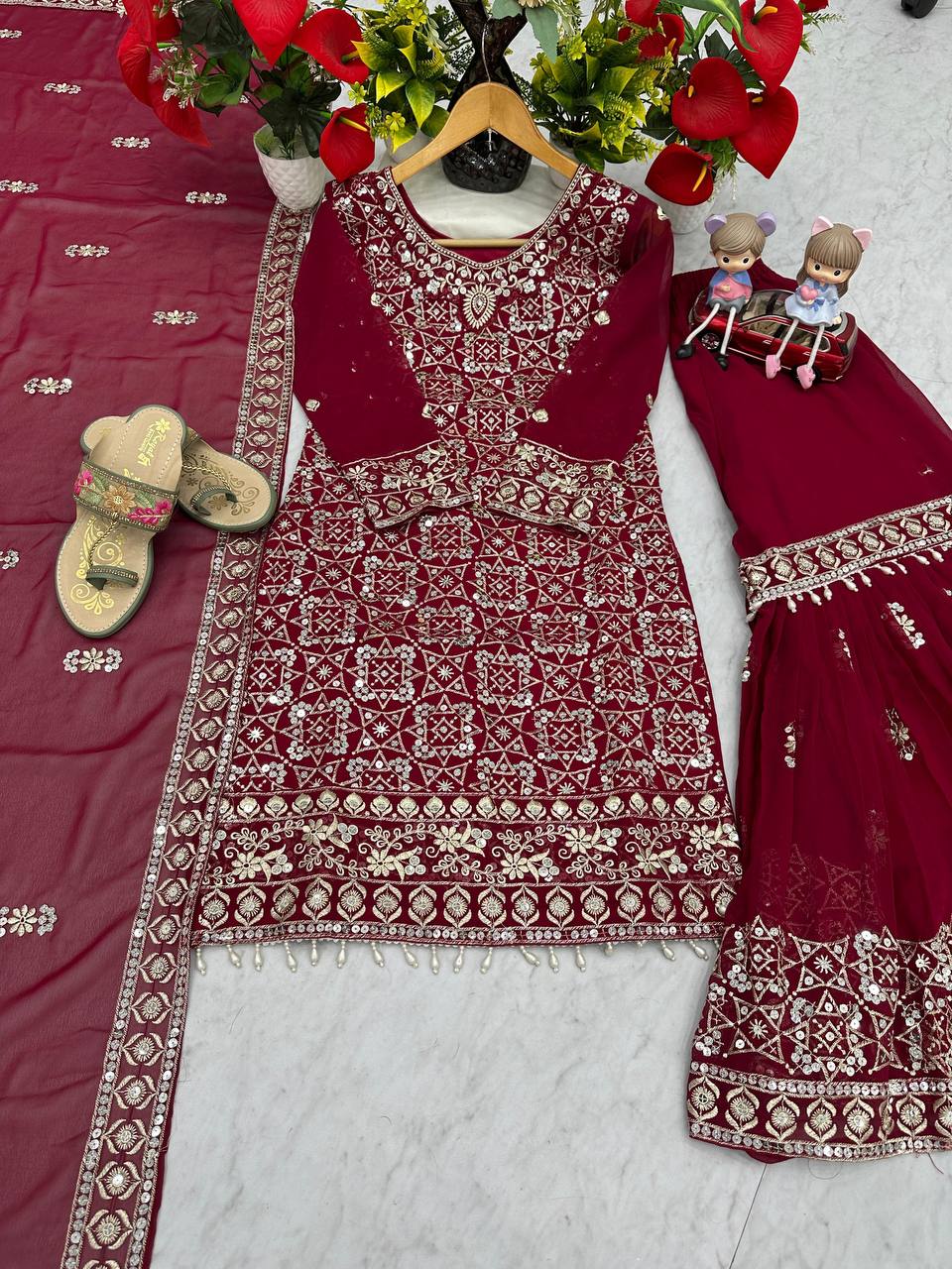 Mesmerizing Maroon Color Faux Georgette Heavy Embroidery Thread Work Sharara Suit