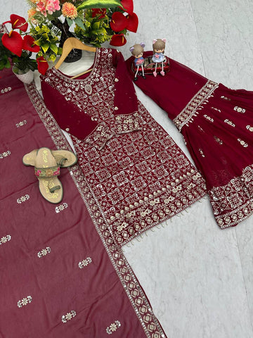 Mesmerizing Maroon Color Faux Georgette Heavy Embroidery Thread Work Sharara Suit