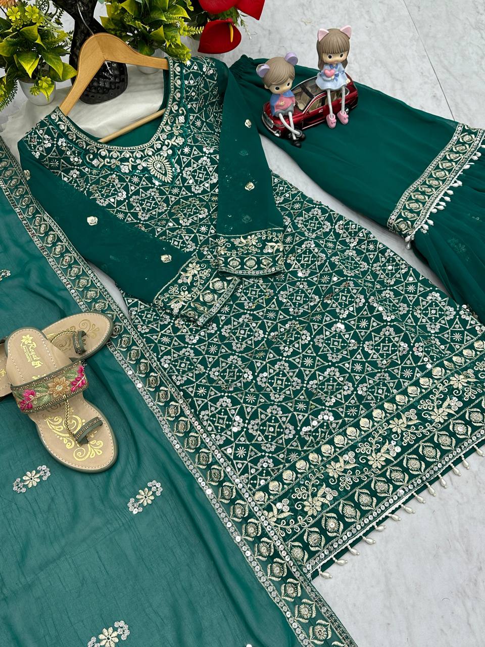 Mesmerizing Green Color Faux Georgette Heavy Embroidery Thread Work Sharara Suit